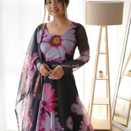 Women's Stylish Floral Printed Orgenza Anarkali Dress Gown, Kurta with Dupatta Set Anarkali Floral Printed Gown with Dupatta image 3