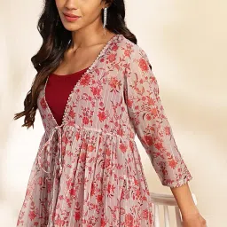 janasya Women's Crepe Floral Printed Crop Top with Pant and Jacket Set image 1