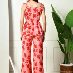 fasanger Women's Floral Print Co-ord Set, Sleeveless Peplum Top with Wide-Leg Pants | Ideal for Casual, Festive Outings, Summer (IN, Alpha, S, Regular, Red) image 3