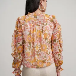 tokyo talkies Women's Floral Print Blouson Top | Tie-Up Neck | Ruffled Cuffed Sleeves | Feminine & Elegant | Perfect for Work, Brunch & Casual Chic | Tops for Woman | Women Tops | Stylish Top image 5