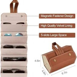 Sunglasses Organizer Box - 5 Slots PU Leather Portable Lightweight Sunglass Holder with Hanging Strap and Button Closure, Specs Case Box for Women, Men Travel image 1