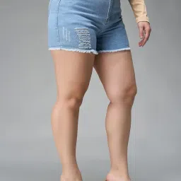 miss chase a+ Womens Relaxed Mid Rise High Distress Regular Non Stretchable Denim Shorts image 1