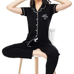 zeyo Women's Cotton Solid Plain Night Suit Set Of Shirt & Pajamas 5238 image 5