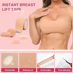 snmmifer Boob Tape for Breast Lift with 10 Satin Nipple Pasties and 36 Fashion Tapes for Clothes (Beige) image 1