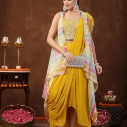 stylum Women's Solid Georgette Draped Readymade Lehenga Set With Printed Jacket (Pcjmustardtaylor_Mustard) image 4