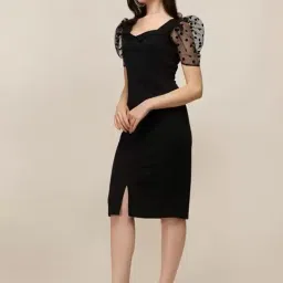 siril Women's Lycra Black One Piece Dresses |Knee-Length Dress | Bodycon Western Dress for Women| Girl's Short Dress image 2