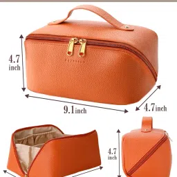 Batfield Cosmetic Bag For Women, Litchi Pu Leather Makeup Pouch For Women, Large Capacity Cosmetic Travel Bag,Portable Makeup Kit Storage Bag With Handle&Divider, Makeup Organizer Bag (Orange), 12 cm image 1