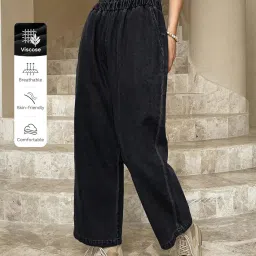 shasmi Girl's & Women's Denim Cotton Elastic Waist Cropped Straight Ankle Length Wide Leg Casual Baggy Jeans for Women, Trousers Pant for Women (Jeans 239) image 3