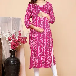 pregyfed Bandhej Printed Maternity & Feeding wear Straight Kurti with Gota Detaling and Invisible Zip on Both Side image 1