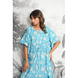 ShrI Ganesh Impex Maxi Kaftan for Women, Pure Cotton Nighty, Loungewear Kaftan | Hand Block Printed Women Nighty | Free Size Blue image 2