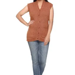 wool 4u Winter Wear Women Woollen Buttoned v-Shape Sleeveless Cardigan Sweaters for Women Girls image 1