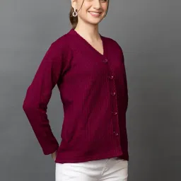 wear lusso Women's Woolen V-Neck Buttoned Full Sleeve Cardigan Self Design Soft Wool Fabric Winter Wear Pure Wool Sweater with Pockets Stylish Outdoor and Office Wear Girls image 4