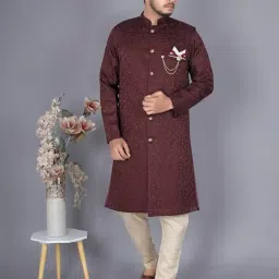 amzira Mens Ethnic Wear Marron Traditional Indo Western Set image 1