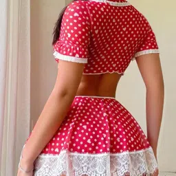 luxzii - a touch of luxury LUXZII Sexy Babydoll Dress for Women – Red Polka Dot Sheer Mesh Dress with Lace Trim | 3 Piece Honeymoon Outfit with Top, Skirt & G-String (Red-Free Size) image 5