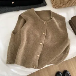 the style sutra Women Knit Cardigan Vest Button Waistcoat for Commuting Indoor Office Khaki image 2