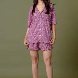chhooze Cotton Nightwear Set for Women | Premium Cute 2 Pcs Abstract Print Shirt & Shorts Combo | Sleepwear for Girls & Ladies | Shirt and Shorts | Comfortable & Stylish | Purple image 2