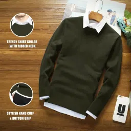 jump cuts Mens Solid Polo Neck Full Sleeve Navy and White Cotton Slim Fit T-Shirt image 3