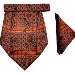 voici France Men's Paisley Design Cravat NeckTie & Pocket Square Free Size Microfiber Satin Fabric (Orange & Black) image 2