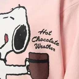 the souled store Peanuts: Hot Chocolate Weather Women and Girls Full Sleeves Round Neck Baby Pink Graphic Printed Cotton Blend Soft Fleece Oversized Sweatshirt image 4