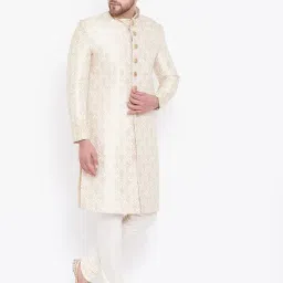 vastramay Men's Beige And Gold Silk Blend Sherwani Set image 2