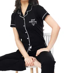 zeyo Women's Cotton Solid Plain Night Suit Set Of Shirt & Pajamas 5238 image 4