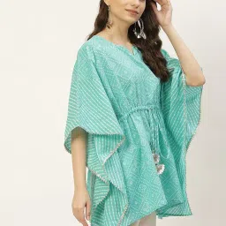 fabric fitoor Women's Cotton Blue & White Color Bandhej Print Waist tie ups Kimono Sleeves Kaftan Top image 2