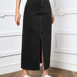 aahwan Women's & Girl's Solid High Waist Slit Below The Knee Denim Skirt image 4