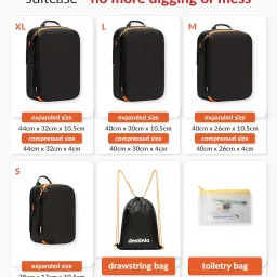 Destinio Compression Packing Cubes for Travel, 6 in 1 Water Resistant Travel Organizer Pouch Set (4 Cubes+ Drawstring Bag+ Cosmetic Pouch), Luggage Suitcase Wardrobe Bags for Clothes Shoes (Black) image 1