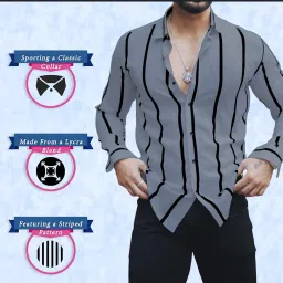 combraided Men's Striped Slim Fit Lycra Shirt | Full Sleeve Stretchable Shirt | Trendy Black and White Vertical Stripes for Casual image 2