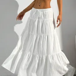 flowervelly Women's Tiered Maxi Skirt, White Cotton Blend, Elastic Drawstring Waist, Boho Style image 5