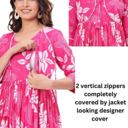 dhruvi Cotton Women's Anarkali Maternity Feeding Kurti/Kurta with Zipper Covered by Jacket| Comfortable & Elegant Pre and Post Pregnancy Kurti Dress/Kurta Dress image 5