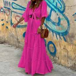 quecy Summer Fashion Two-Piece Set Deep V-Neck Top & Long Flared Skirt Rose-red Co-ord Set for Women image 3