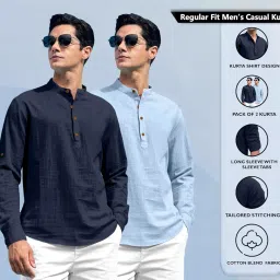 zombom Combo of Men's Solid Cotton Blend Full Sleeve Straight Kurta Shirt (Pack of 2) image 1