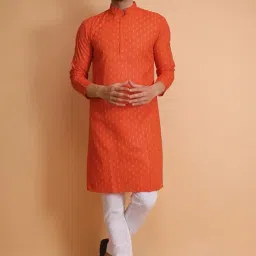 darkchill Men's Orange Printed Cotton Kurta – Traditional Ethnic Wear Set for Festive and Wedding Occasions image 1