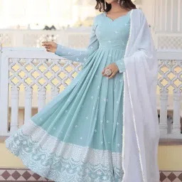 kedarfab Women's Georgette Sequence Embroidered Anarkali Gown Set with Dupatta | Kurta Set for Women image 2