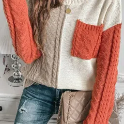 fizzoqi Women's Patchwork Pullover Sweater Long Sleeve Crew Neck Knitted Top with Pocket image 5