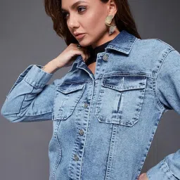 miss chase Women's Collared Full Sleeves Buttoned Denim Jacket image 3