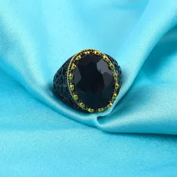 morir Black Oxidized Ring for Men with Oval Faceted Black Stone and Gold Crown Setting | Statement Jewelry image 3