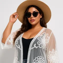 Women's Floral Embroidered Sheer Lace Shrug, White Cotton Blend, Free Size, Three Quarter Sleeve, Summer Beach Cover-Up Kimono image 1