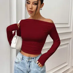 istyle can Solid Black Color Asymmetric Collar Pleated Cropped Top - Asymmetrical Neck, Ruched Design, Regular Sleeve, Casual, Long Sleeve | Full Sleeve, Crop Length, Slim Fit image 4