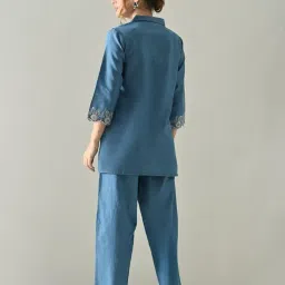 pr clothing Women's Denim Light Blue Coord Set With Beige Hem Embroidery | 3/4 Sleeve | V- Neck | Pant With Half Elatic With Draw Strings | Casual Wear | image 2