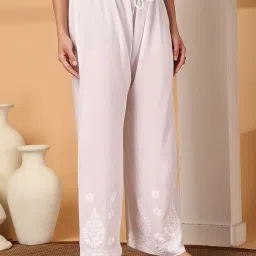 khaka Chikankari Lucknowi Handwork Heavy Work Plazzo On Soft Modal Fabric Fits Upto Waist 26inches to 46inches White image 2