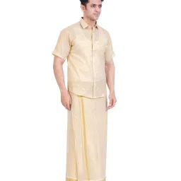 fashily Men's Traditional Indian Shirt and Dhoti Set, Half Sleeves Tissue Silk Cotton Shirt With Double Dhoti 4 metres for men image 1