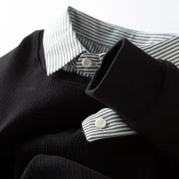 zozera Ribbed-Elegance-Striped-Collar-Sweatshirt Black| S, M, L, XL, 2XL image 4