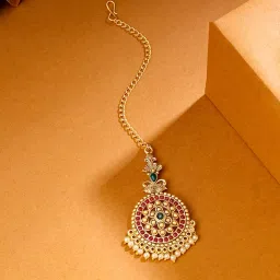 yellow chimes Maang Tikka for Women | Traditional Bridal Golden Maangtikka Netichutti for Girls | Gold Plated Ethnic MaangTika | Hair Accessories for women | Anniversary Gift for Women Girls image 4
