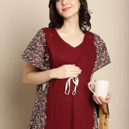 secret wish Women Maroon Cotton Maternity Feeding Kaftan.., Maxi image 4
