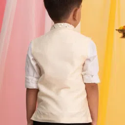 vastramay Boys' Cream Nehru Jacket | Mirror Work Viscose Sleeveless Nehru Jacket - Navratri Special Traditional Ethnic Waistcoat - Perfect for Festivals, Weddings, and Celebrations image 2