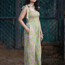 Floral Cotton Jaipur Jumpsuit, Smocked Bodice, Green with Pink Flowers, Side Pockets image 3