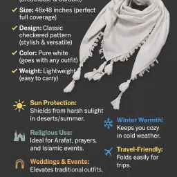 BAKKAH, White Cotton Blend Keffiyeh Scarf – Unisex Summer & Winter Arabian Arafat Desert Head Wrap image 2