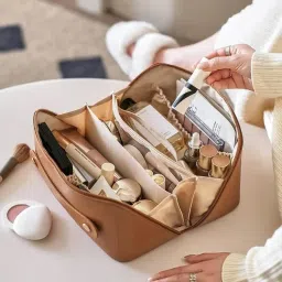 NAVDOK Women’s Large Capacity Cosmetic Travel Bag - Waterproof Leather Makeup Organizer with Wide Opening, Dividers with Handle (Cross Open, Brown) image 2